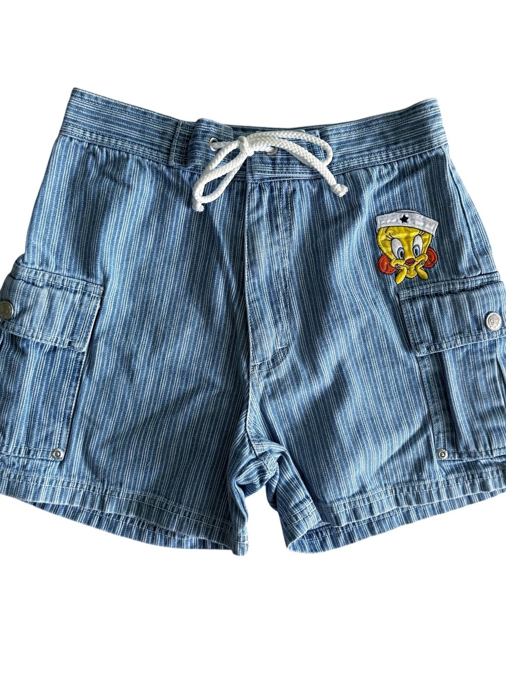 VTG 90s Y2K Tweety Bird Embroidered Denim Cargo Shorts Girls 12 Sailor Stripes